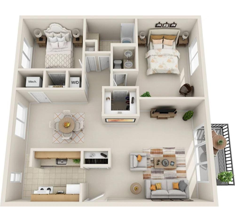 a 3d rendering of a bedroom house floor plan
